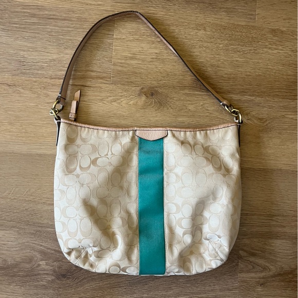 Coach Signature Stripe Green Tan Convertible Hobo Shoulder Bag F29941 Read Notes - Picture 12 of 14